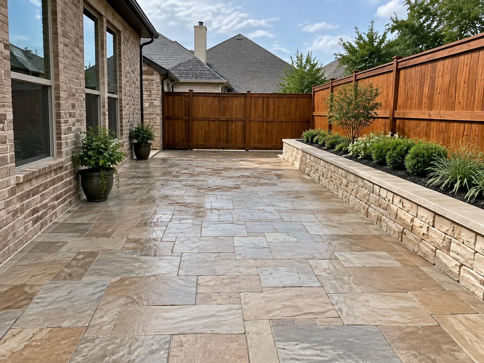 Clean patio, cedar fence, and planted garden border